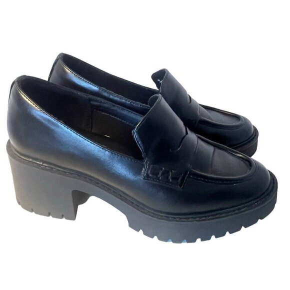 Womens 8.5 Chunky Platform Slip On Penny Loafer Black Faux Leather Lug Soles - Picture 1 of 12